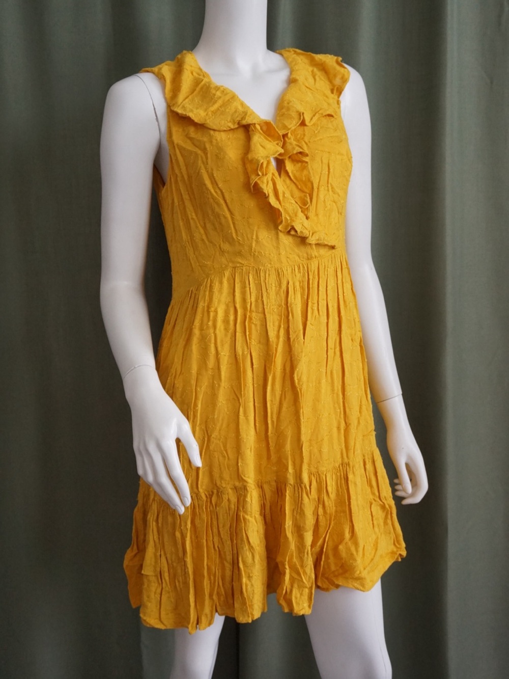 HD Paris Yellow Ruffle Neckline Sleeveless Mini Flounce Dress - Size 6